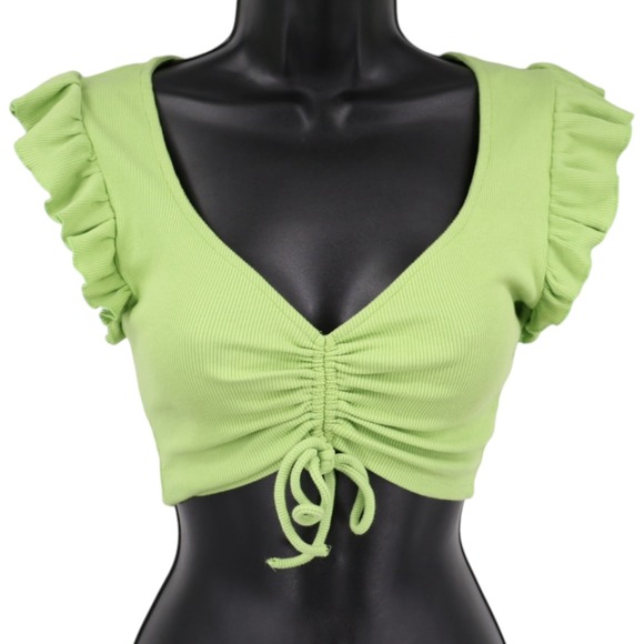 Zara Tops - Zara Lime Green Ribbed Ruched Crop Top Ruffle Sleeve V Neck Stretch Size S